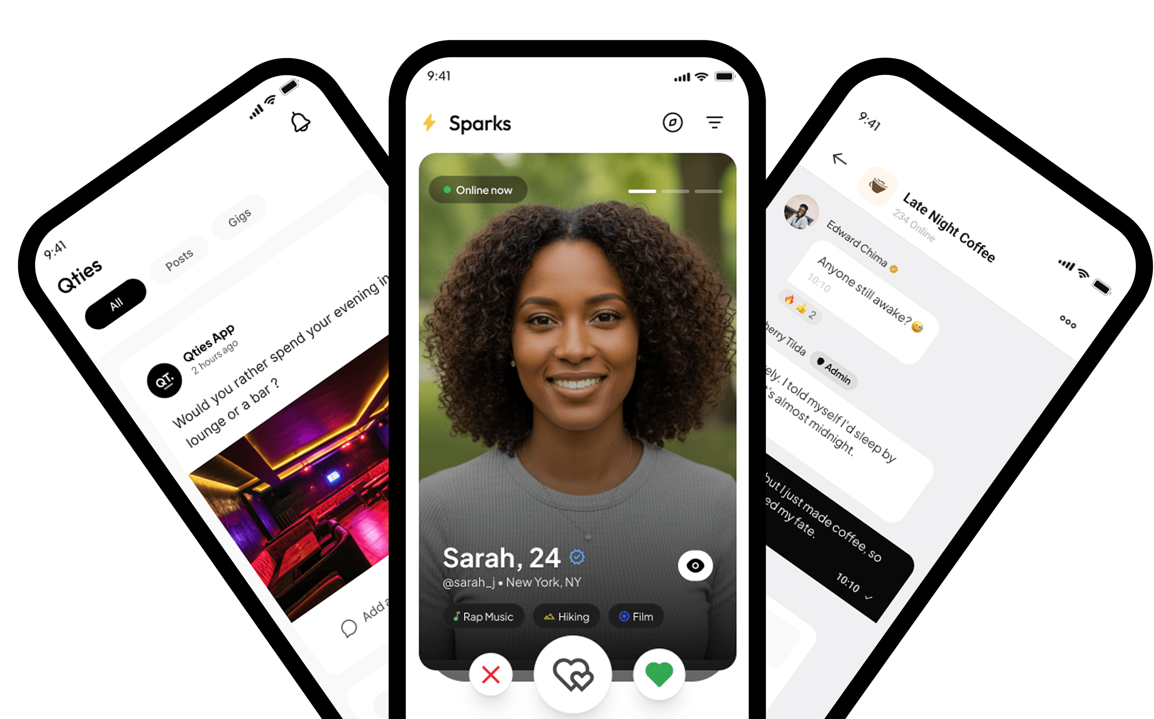 Qties app on three phones — community feed, Sparks matching, and group chat